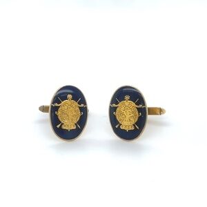 Elegant Gold Emblem Blue Enamel Oval Cufflinks